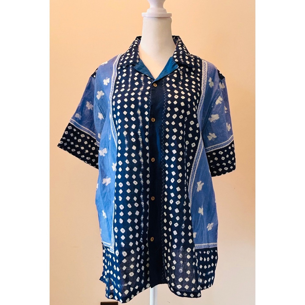 NWT Raga Man Floral Blue Butterfly Dot Print Button Up Shirt Top‎ Men Large L